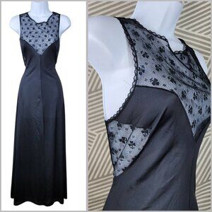 Vintage Sexy Nightgown Slip Medium Lingerie Dress Black Lace Long Midi Stretch